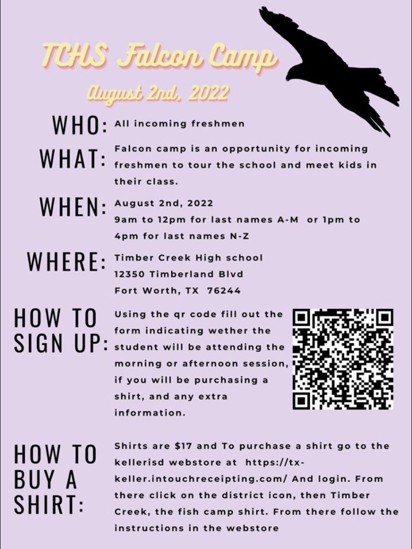 TIMBER CREEK CLASS OF 2026 - Don’t forget to sign up for Falcon Camp! And current falcons, please share this flyer to any incoming freshmen you may know! We are so excited to meet you all! 💜💛

@TchsGo @TCHSTalon