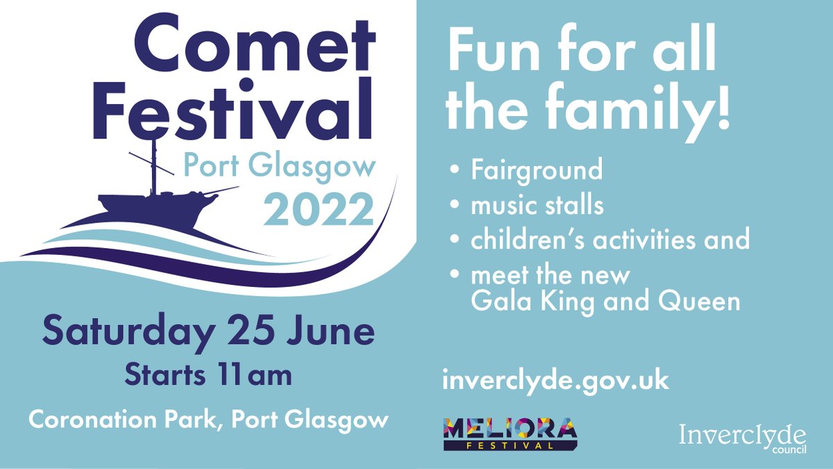 inverclyde's tweet image. The Comet Festival kicks off tomorrow at Coronation Park from 11.30am. There will be a parade through Port Glasgow town centre leaving from Brown street carpark at 11am. 
The festival features live music, funfair, children’s activities, stalls, and food and drink tents.
#meliora