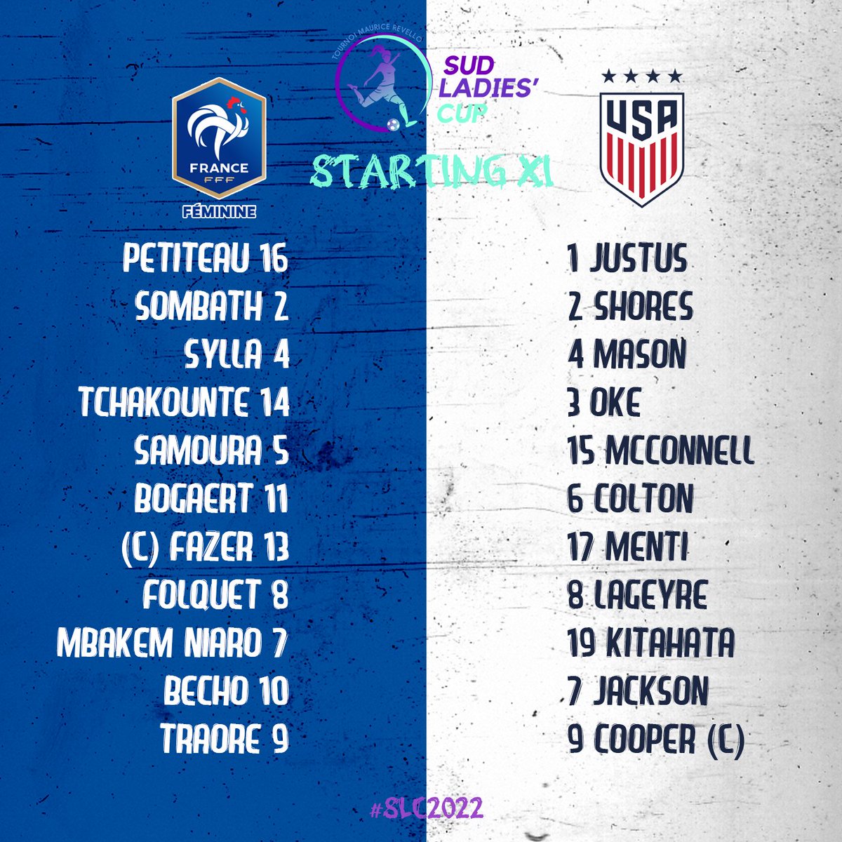 📋 𝙎𝙏𝘼𝙍𝙏𝙄𝙉𝙂 𝙓𝙄

🇫🇷 <a href="/equipedefranceF/">Equipe de France Féminine</a> - United States (<a href="/USYNT/">U.S. Soccer YNT</a>) 🇺🇸 

🏟️<a href="/villedaubagne/">Aubagne</a> (Stade De Lattre)

👉 sudladiescup.com

#FRAUSA #SLC2022