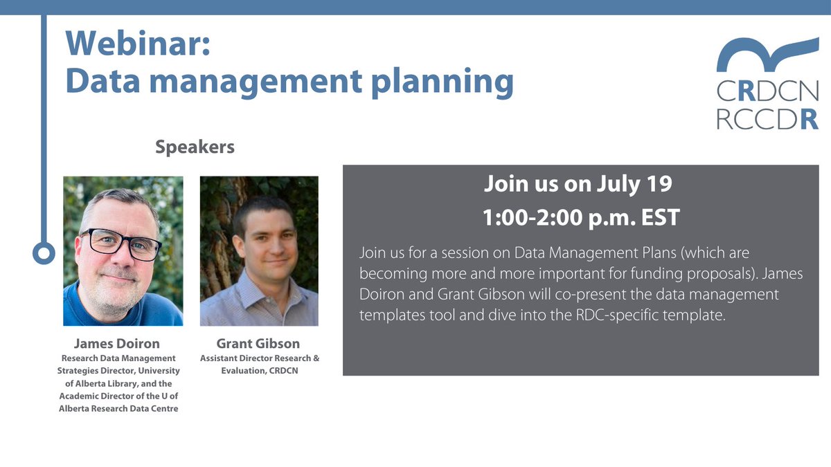 📣Join <a href="/Econ_and_Ink/">Grant</a> &amp; James Doiron <a href="/UAlberta/">University of Alberta</a> on July 19 to find out how Data Management Plans are important for funding proposals: ow.ly/uYIm50JGCEo