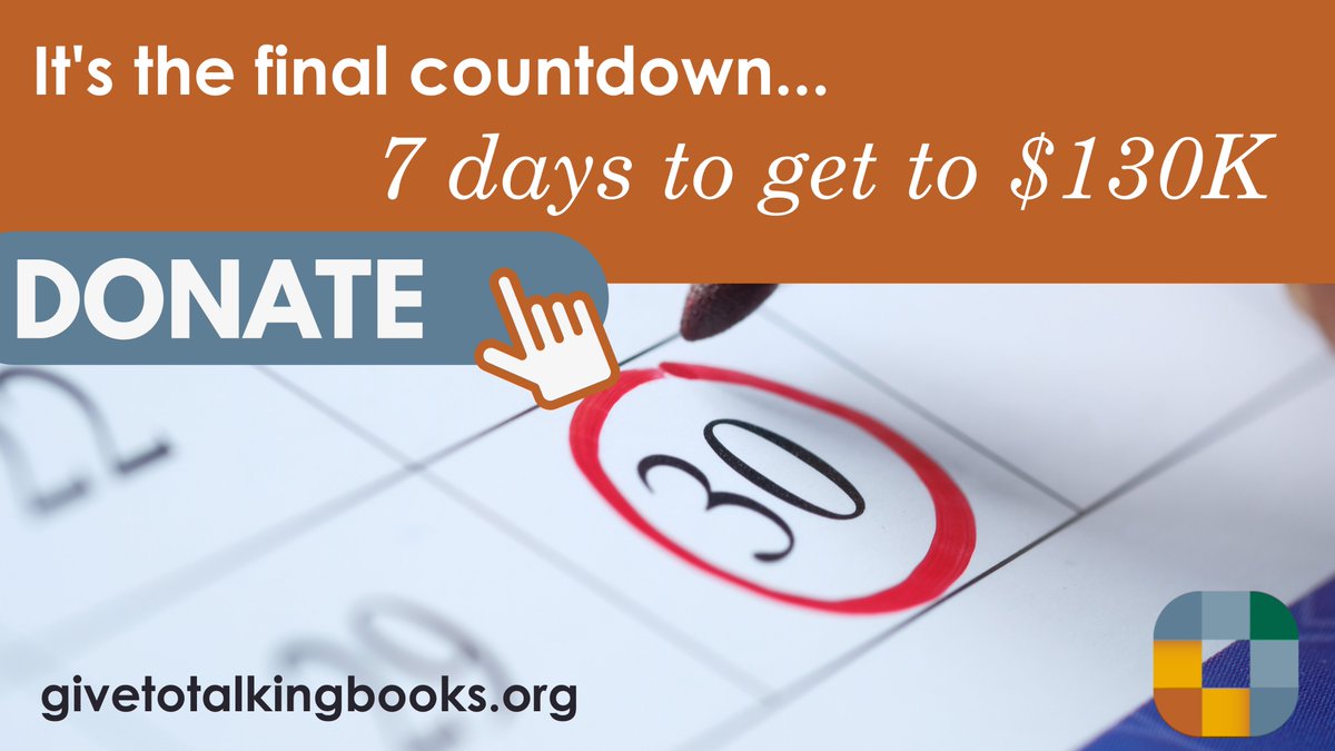 statelibraryor's tweet image. Cue the music… it’s the final countdown! We’re one week away from our deadline and we need your help! We’re inching closer to our $130,000 goal for fundraising. Please share this far and wide or donate today at givetotalkingbooks.org! #oregonlibraries