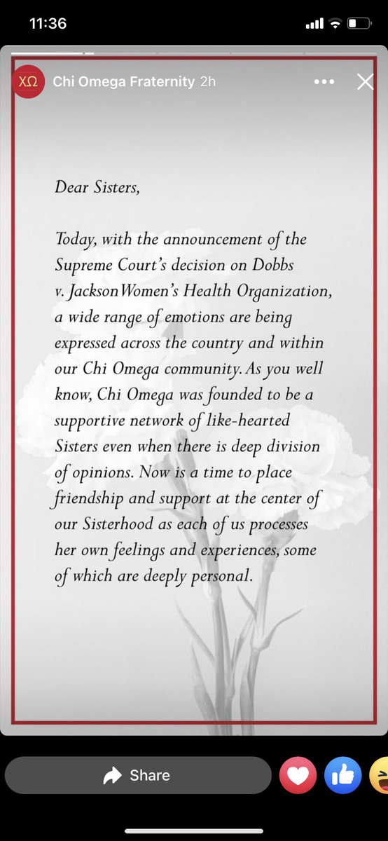 Just_Jaggin's tweet photo. @ChiOmegaXO your response to the Supreme Court decision today is damaging and disappointing. Do better. #RoeVsWade  #empowerwomen #ChiO https://t.co/ebzmLclwYr