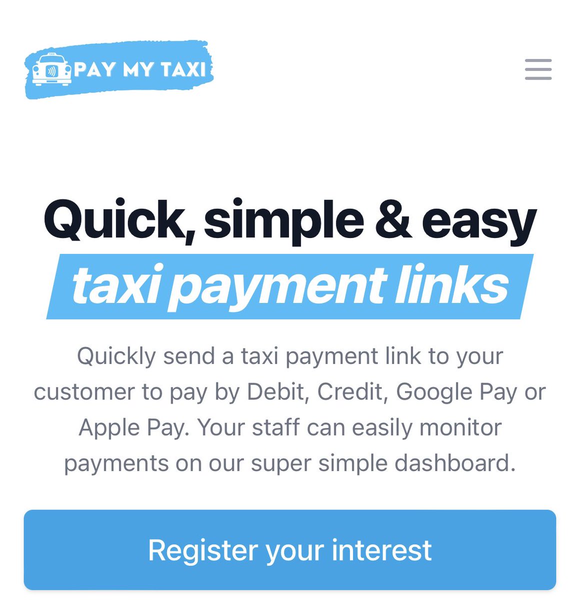 PayMyTaxi's tweet photo. So website is looking mobile ready… launching soon 

#taxi #paymentlink #paymytaxi https://t.co/IWoweDA56r