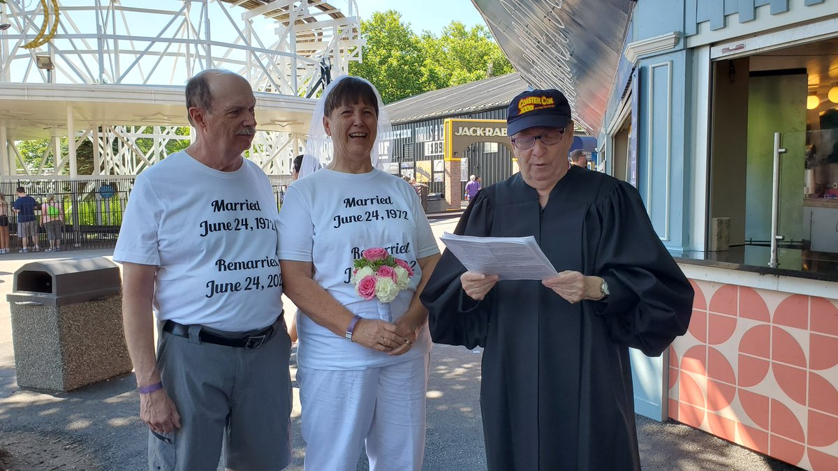 aceonlineorg's tweet photo. More of Judy & Dan Thomas' wedding renewal from the Honorable Judge Moltz in celebration of their 50th Wedding Anniversary @Kenny_Kangaroo during #CoasterCon 44 (day 5) #RideWithACE #RollerCoasterMonth #ConnectedByCoasters https://t.co/58fQlTqxDh