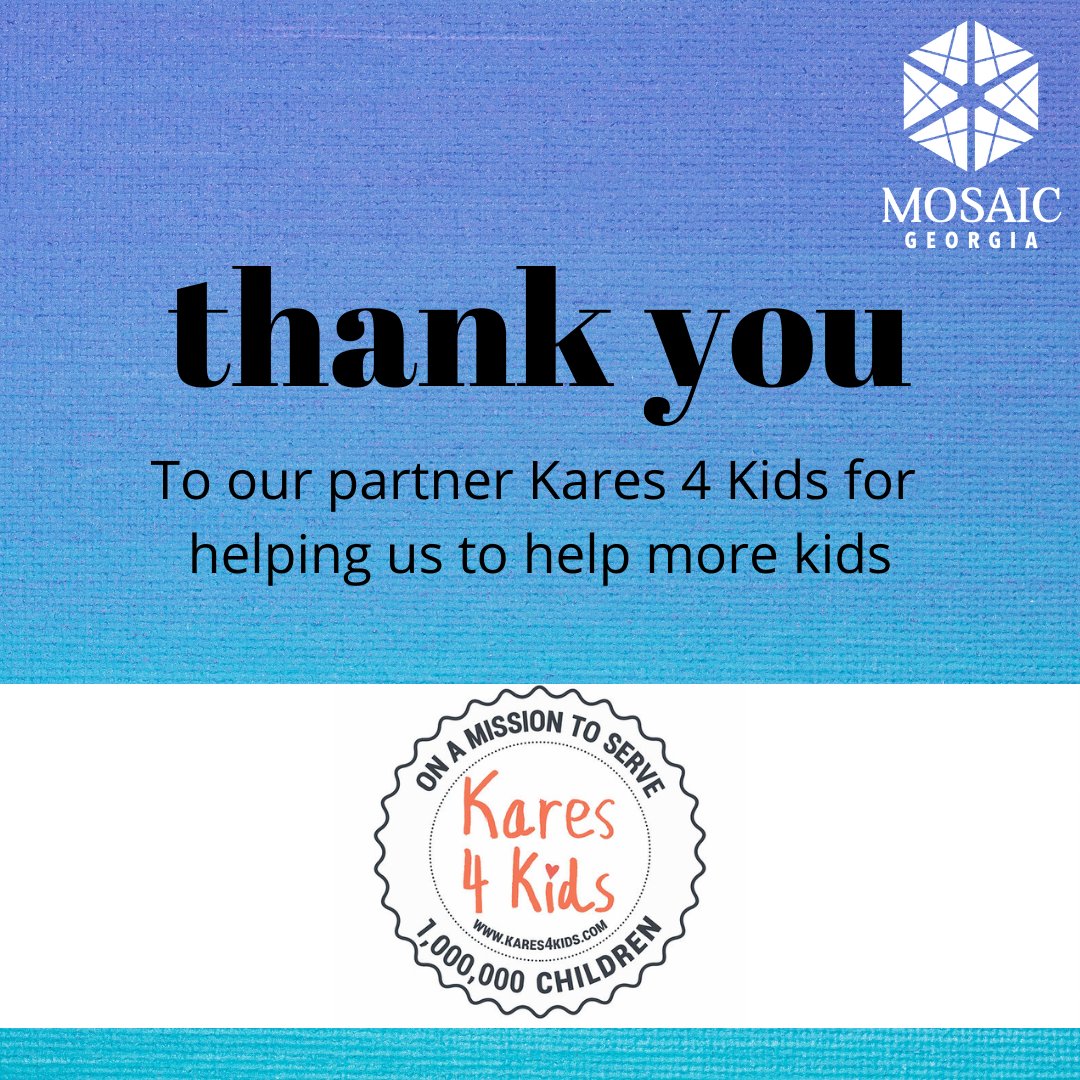 MosaicGeorgia's tweet photo. A big thank you to @kares4kids for their continuous support of our mission. Consider making a donation to our #AnnualGivingCampaign which helps us provide necessary care to those affected by sexual violence. Mention "CFNEG Match" when you donate! https://t.co/E8tSiJUKgD https://t.co/6dWu1gHQ3Q