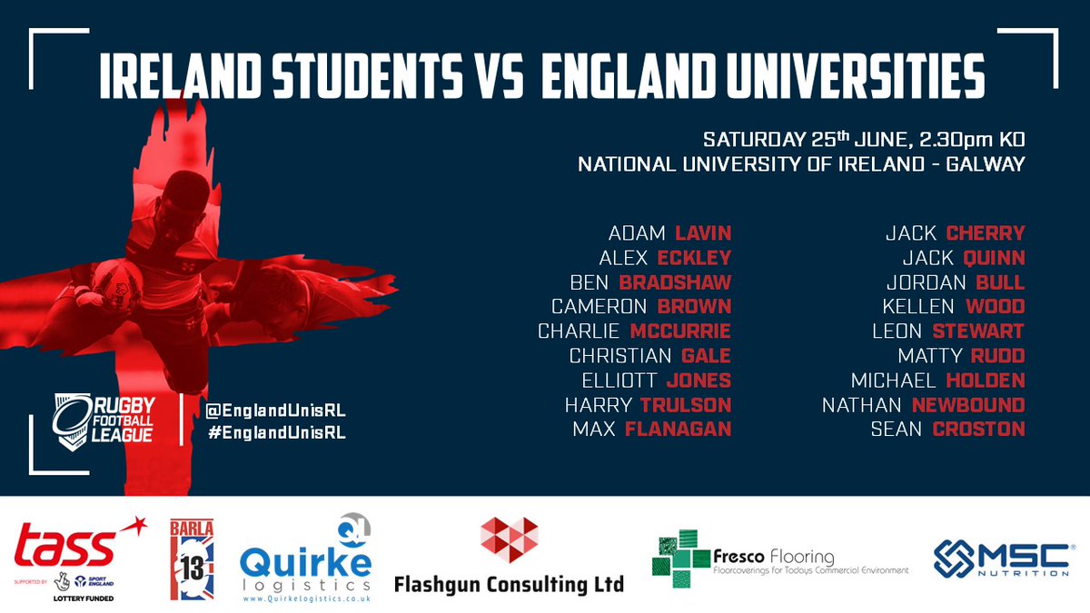 England Universities Rugby League ๐ด๓ ง๓ ข๓ ฅ๓ ฎ๓ ง๓ ฟ๐ (@englandunisrl) on Twitter photo Squad ๐ด๓ ง๓ ข๓ ฅ๓ ฎ๓ ง๓ ฟ
Our 18 Man Squad for tomorrow's fixture vs <a href="/Irelandrl/">Rugby League Ireland</a> has been announced by head coach <a href="/R_Tate89/">Richard Tate</a>
Good luck to those selected!
#EnglandUnisRL Squad ๐ด๓ ง๓ ข๓ ฅ๓ ฎ๓ ง๓ ฟ
Our 18 Man Squad for tomorrow's fixture vs <a href="/Irelandrl/">Rugby League Ireland</a> has been announced by head coach <a href="/R_Tate89/">Richard Tate</a>
Good luck to those selected!
#EnglandUnisRL
