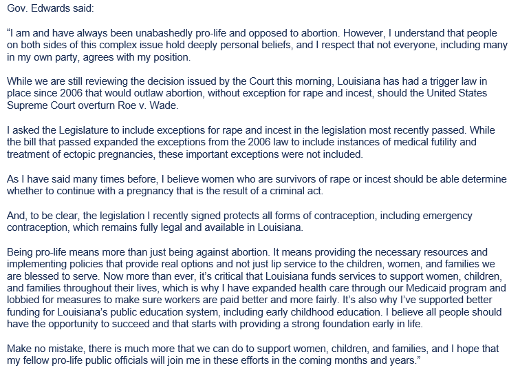 wdsu's tweet photo. Breaking: 
Gov. John Bel Edwards issued the following statement regarding the Supreme Court's decision to overturn Roe v. Wade. >> https://t.co/c1P2cSqEYR https://t.co/RRWEAn7CIq
