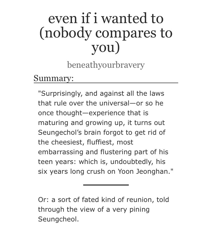 even if i wanted to (nobody compares to you)

    🌙 jeonghan/seungcheol
    🖇 3.1k, G
    🌺 one direction - nobody compares
    🪐 office au, getting together,
          childhood crushes

archiveofourown.org/works/39472254 

written for <a href="/SVT1DFEST/">SVT 1D FIC FEST: BEST SONG EVER</a> 🤍