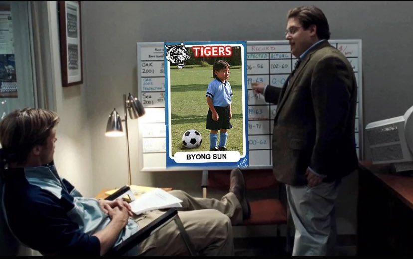 MoneyballMemes's tweet photo. Billy, this is Byong Son. He plays for the Tigers. He is one of the most underrated players in soccer. His only defect is that he won’t stop hitting his knee with Gatorade cups. https://t.co/rxC8ohPr6a