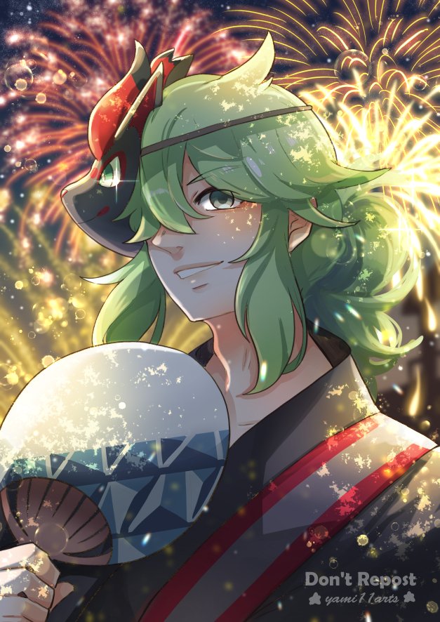 n (pokemon) 1boy male focus green hair solo mask fireworks holding  illustration images