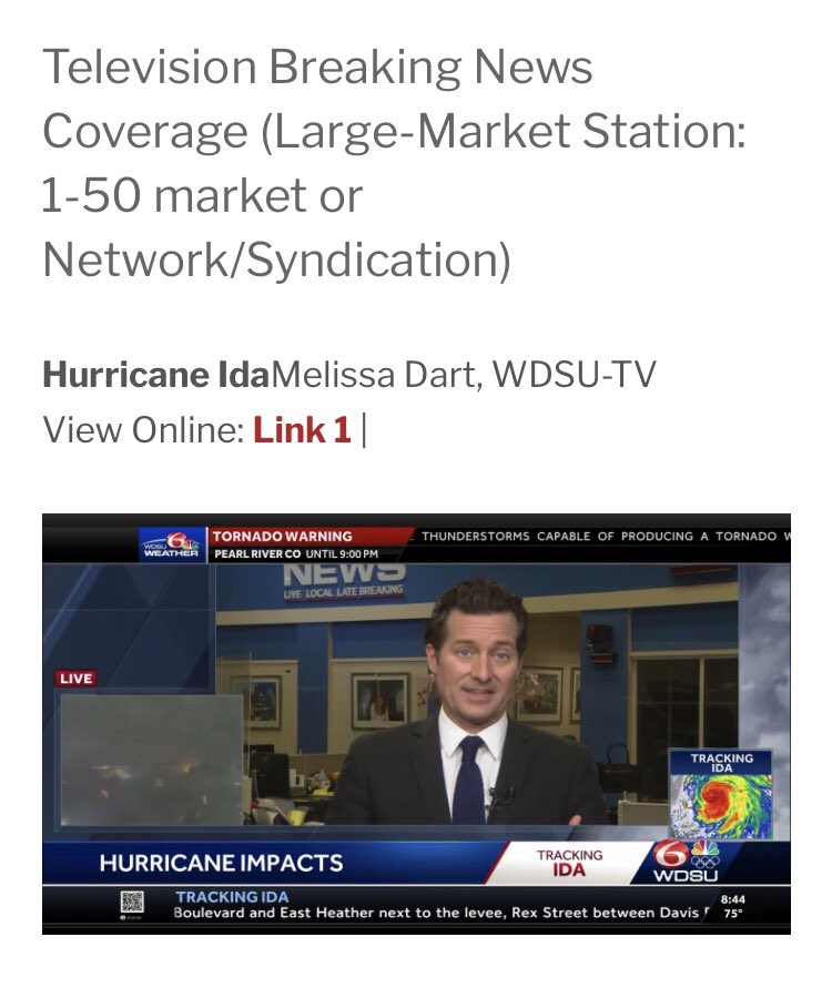 Big honor today for <a href="/wdsu/">wdsu</a> and <a href="/Hearst/">HEARST</a> TV. 
We won one of the most prestigious awards in journalist, <a href="/spj_tweets/">Society of Professional Journalists</a> ‘Sigma Delta Chi’ award for our breaking news coverage of Hurricane Ida. 
It’s our third SDX award since 2012.
Congrats to a great team in #Nola
