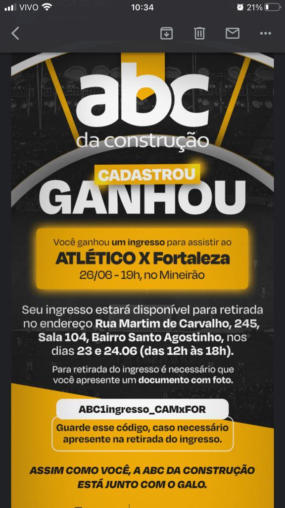 david_son8's tweet photo. @Atletico @CopadoBrasil @abcdaconstrucao E eu que ganhei o ingresso, fui lá tentar retirar hoje e não consegui?? E olha e que até o e-mail eu recebi! @abcdaconstrucao https://t.co/PUDhsWrnKU