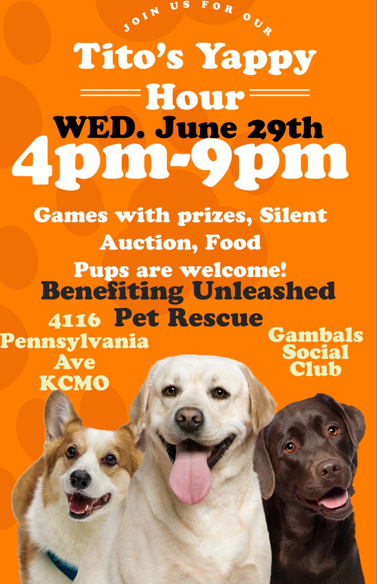 UnleashedRescue's tweet image. Another SUPER FUN @TitosVodka Yappy Hour with our friends at @GAMBALSKC happening June 29th from 4pm to 9pm! Games for prizes, a hot dog bar, happy hour menu for you AND your dog and so much more! 
We hope to see you there! 🍻🤗🐶🐱
Details 💞➡ fb.me/e/1XlJG2a9R