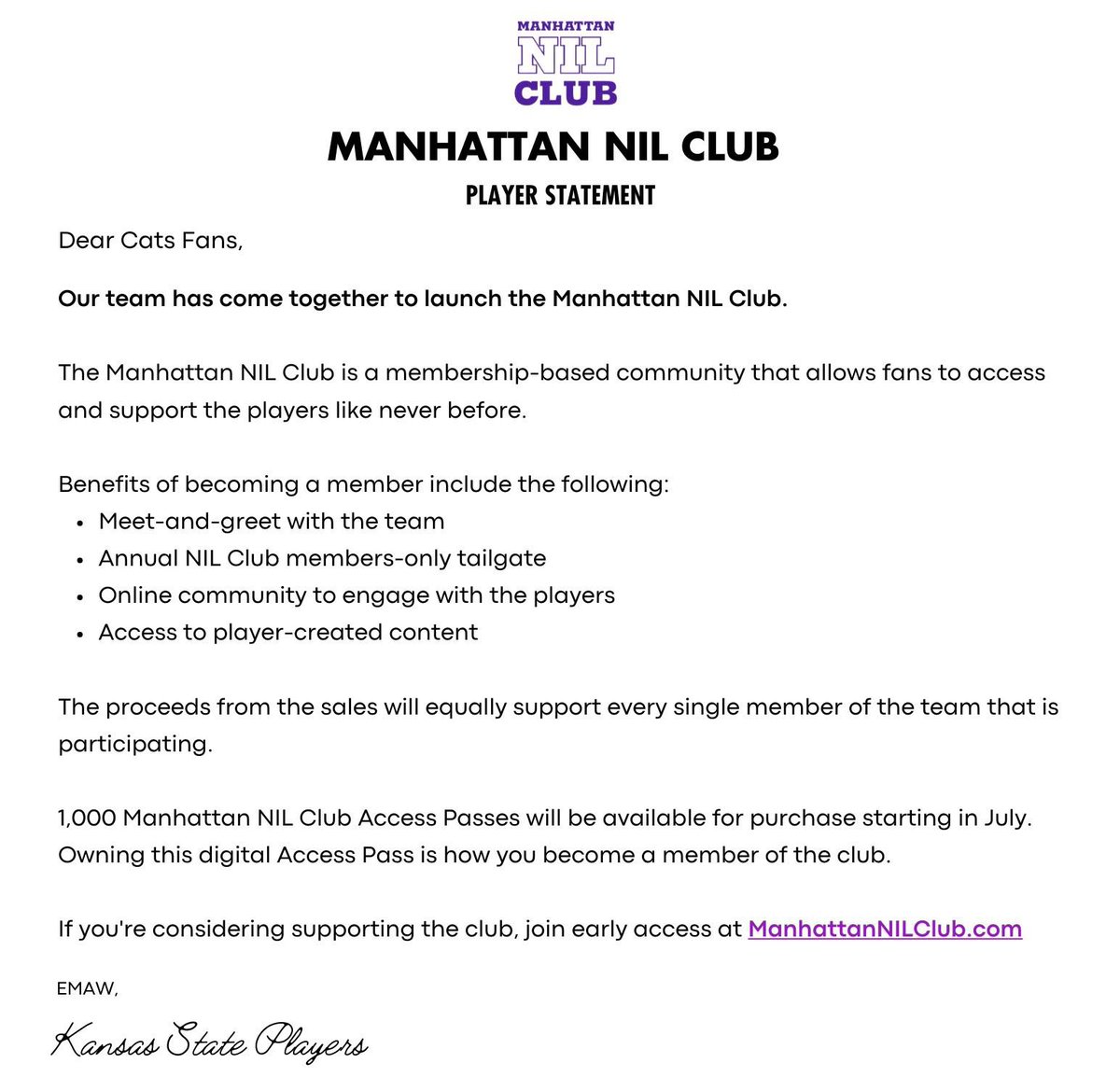 A message to our fans 💜

<a href="/ManhattanNIL/">Manhattan NIL Club 💜</a>