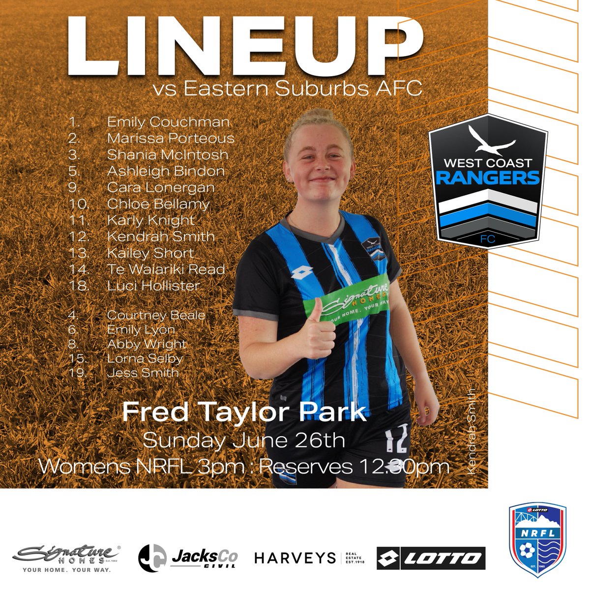 LINEUP
for todays <a href="/LOTTONRFL/">LOTTO NRFL</a> Premier Womens clash against <a href="/ESAFC/">Eastern Suburbs AFC</a>  at Fred Taylor Park, 3pm kick off.
#WeAreRangers