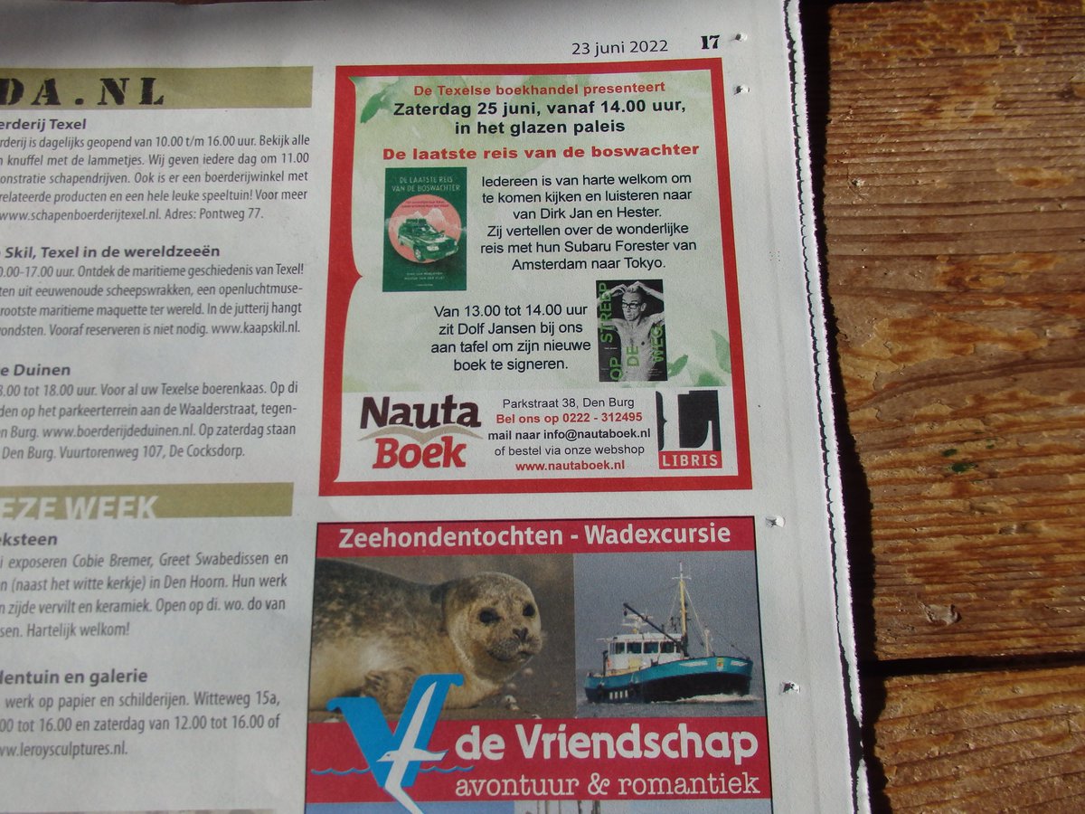 ZestigvanTexel's tweet photo. Zaterdag 25 juni mooi boekprogramma op #Texel. Zowel  @Dolfjansen als @DirkJanRoeleven bij #Nauta boek vanaf uurtje of 13.00 uur. #Streepopdeweg #Delaatstereisvandeboswachter #Neveradullmoment #Glazenpaleis https://t.co/UhavdzsPYl