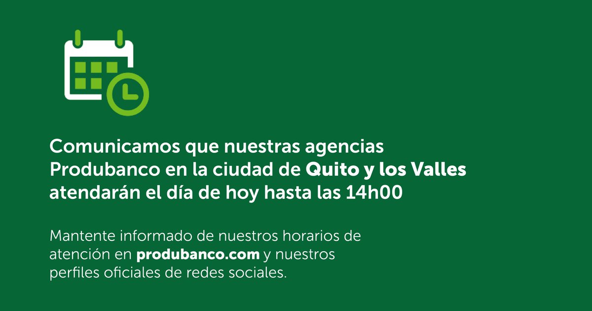 Ponemos en conocimiento nuestros horarios de atención de agencias Produbanco.
Consulta aquí: gprom.co/p/4D6RCR3J