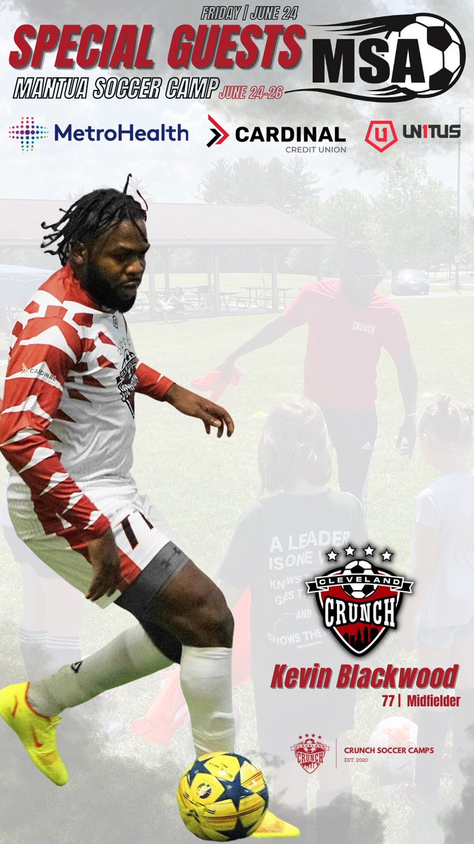 clecrunch's tweet image. Day 1 of our Mantua/Crunch soccer camp kicks off TONIGHT with featured special guest, Kevin ‘All Good’ Blackwood!

@World_Boss08 
#KB77 🇯🇲⚽️