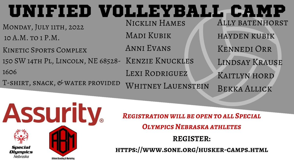 Unified Volleyball camp will take place on Monday, July 11th from 10 A.M. to 1 P.M. at Kinetic Sports Complex. Registration will be open to all Special Olympics Nebraska athletes. To register, check out sone.org/husker-camps.h…… Brought to you by <a href="/Assurity/">Assurity</a>  #PoweredByABM