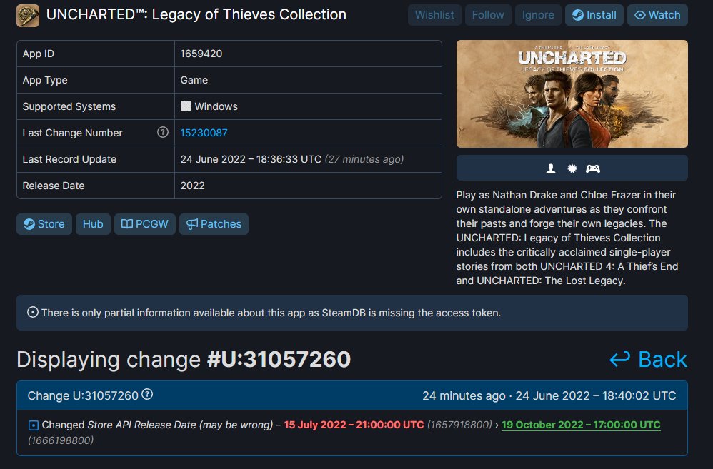 Wario64 on X: UNCHARTED: Legacy of Thieves Collection for PC may release  on Oct 19th, according to SteamDB. No release date has been officially  announced   / X