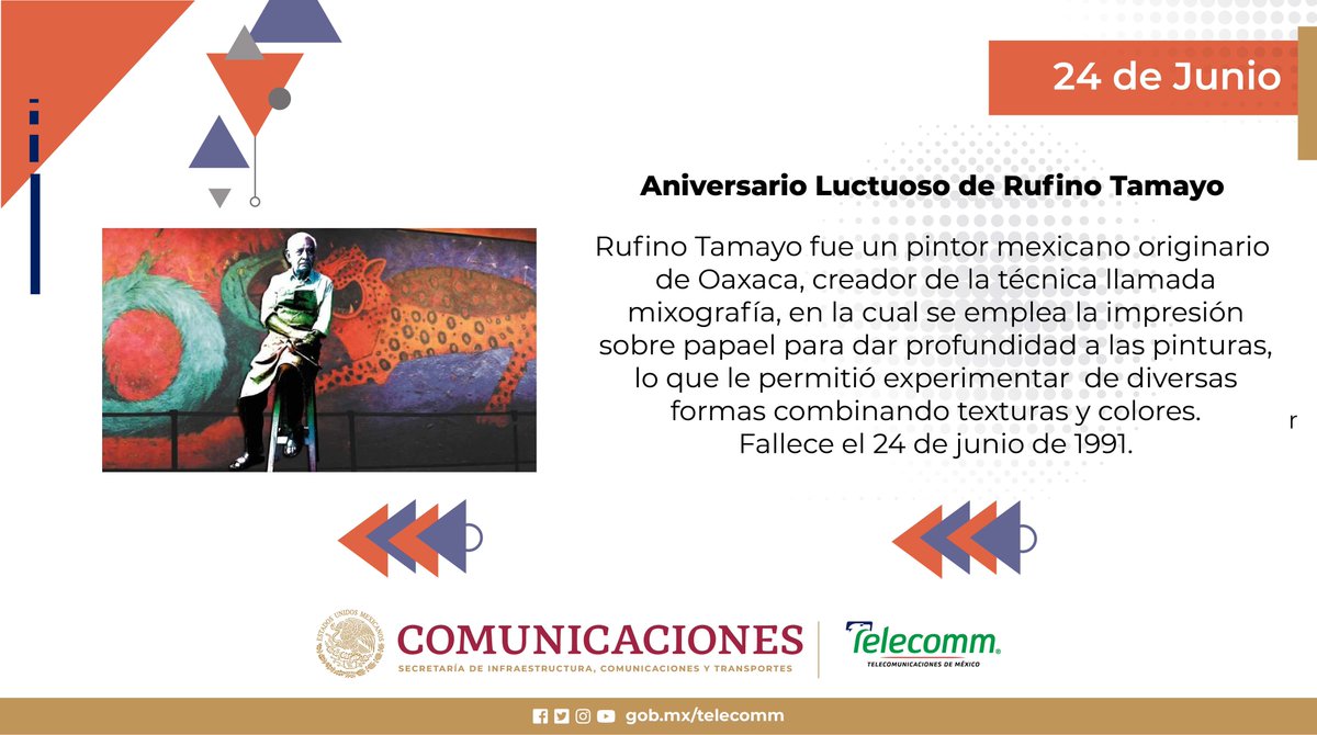 FinabienMorelos's tweet photo. #Efeméride #Telecomm_mor
Un día como hoy, pero de 1991, fallece el pintor mexicano Rufino Tamayo. https://t.co/S0RD1vYBl9
