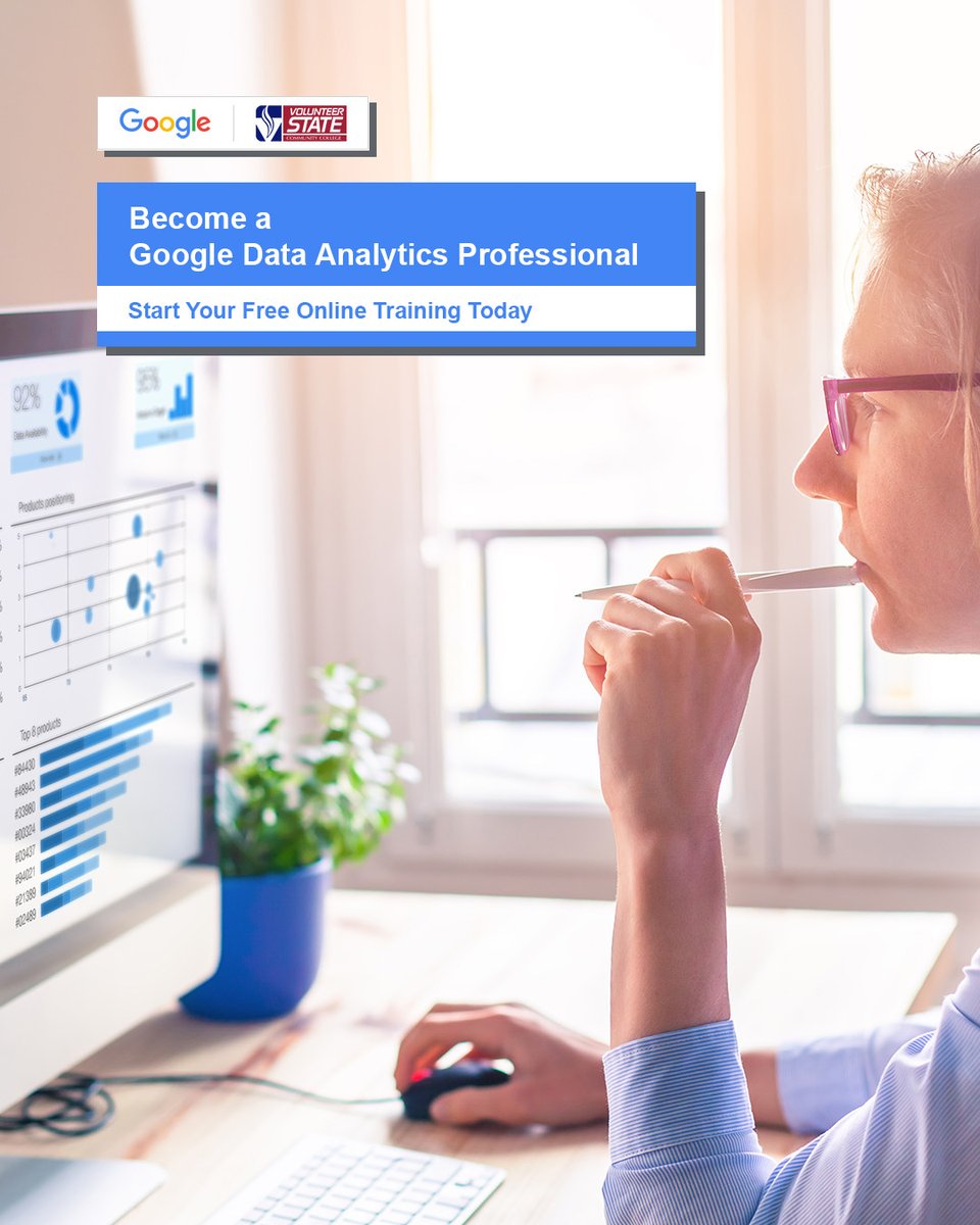 volstatecampus's tweet photo. Google’s #DataAnalytics Professional Certificate is designed to prepare learners with job-ready skills in this high-growth field. Learn more about this program and how you can get started → https://t.co/3XA0H6jFbY
#GrowWithGoogle https://t.co/H4q8j1E8KQ
