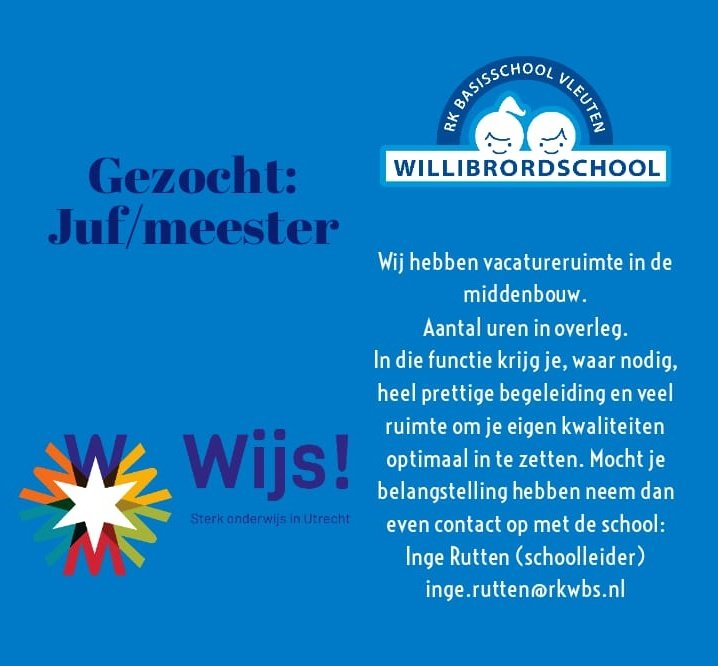 Fijne baan op de Willi. Uren in overleg. Als je bij ons komt werken of als je iemand weet die uiteindelijk komt werken dan ligt er een dinerbon klaar voor twee personen. #Utrecht #onderwijs #werk