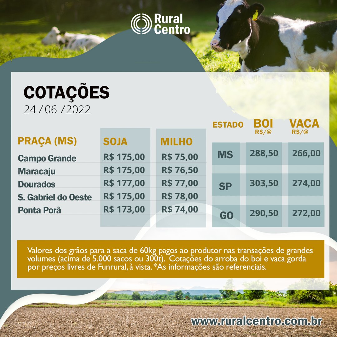 RuralCentro's tweet photo. Cotações do mercado de grãos no estado de Mato Grosso do Sul e cotações de Boi e Vaca da região de Campo Grande - MS, Barretos - SP e Goiânia - GO no mercado físico. 👩🏼‍🌾👨🏾‍🌾🐮
⠀⠀⠀
🌐Confira mais detalhes e cotações no site: https://t.co/znLStckRjX https://t.co/Wag0ShzR7w