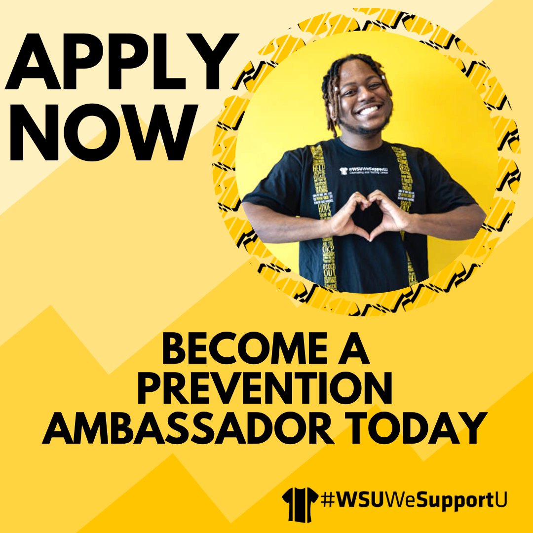 WSUHopeServices's tweet photo. Applications NOW OPEN to join the Prevention Ambassadors! Contribute your expertise and provide outreach services aimed at decreasing mental health stigma on campus. #WSU #CAPS

Learn more and APPLY at https://t.co/wIs7V1iMjb https://t.co/vccBSIlN9O