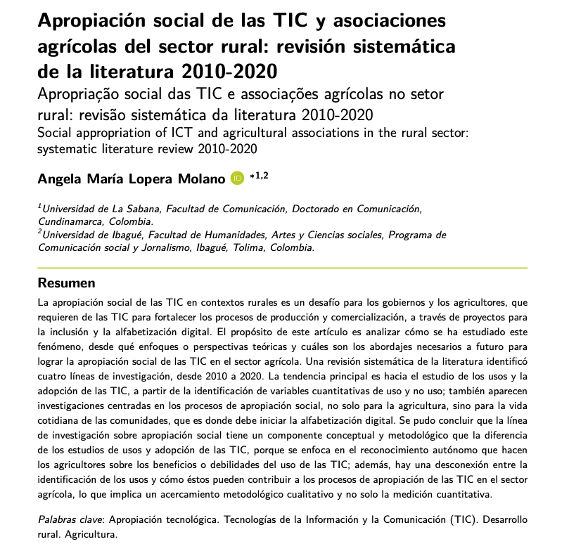 ✍️  Apropiación social de las TIC y asociaciones agrícolas del sector rural. Revisión sistemática de la literatura 2010-2020
👥 Angela María Lopera Molano
doi.org/10.35699/1983-…