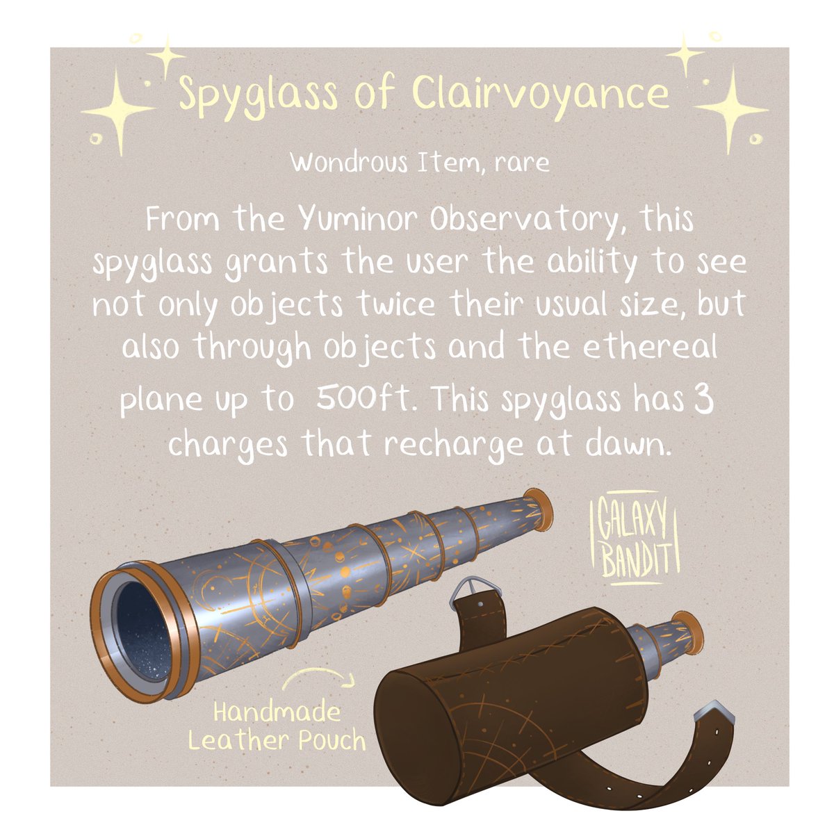 thegalaxybandit's tweet photo. ✨💛 2/3 Magic items from our campaign! A very handy lil spyglass that our party makes great use of.✨

Huge thanks to the lovely @mababwion for writing these descriptions! 💙

#goldenravencrew #dndmagicalitems #dndhomebrewitems https://t.co/QfgxkJqjb2