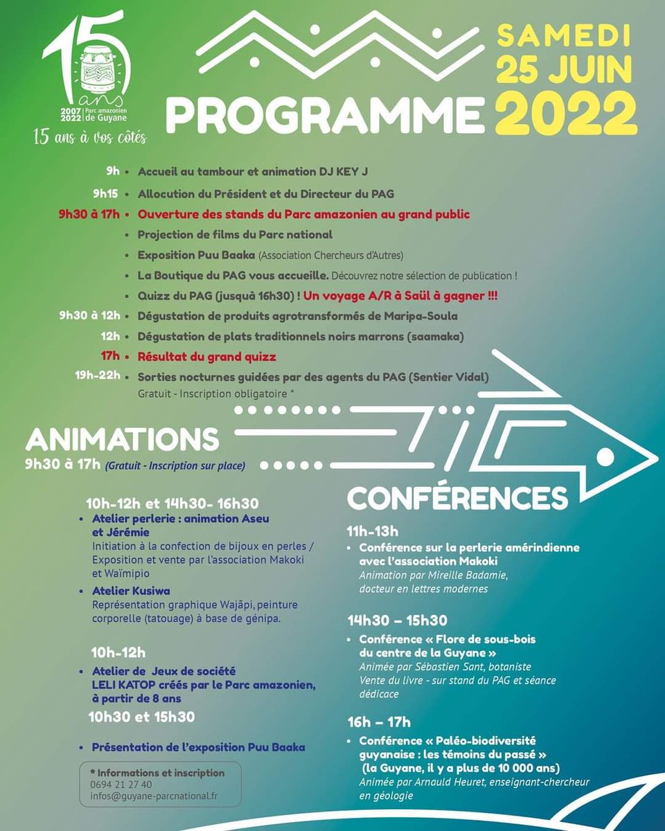 JAGuyane's tweet photo. #portesouvertes A l'occasion de la journée portes ouvertes du #ParcAmazonien le📆 samedi 25 juin prochain🗓️, plusieurs conférences vous sont proposées.
ℹ️ Plus d'infos au : 
📞 0694 28 28 48
infos@guyane-parcnational.fr
#Guyane https://t.co/QHvBO0Ayrv