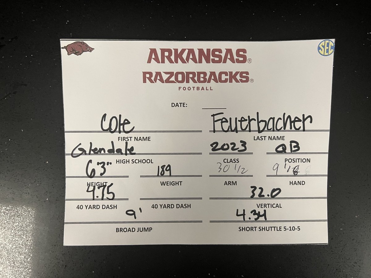 Awesome camp at Arkansas today! 4.75 40, 32 Vertical, and 4.34  Shuttle! Thank you to all the coaches for a great camp! @aidenthrone @kendalbriles @CoachCala @Rileyw_19 @JackMeyerUARK @masonhutchins_