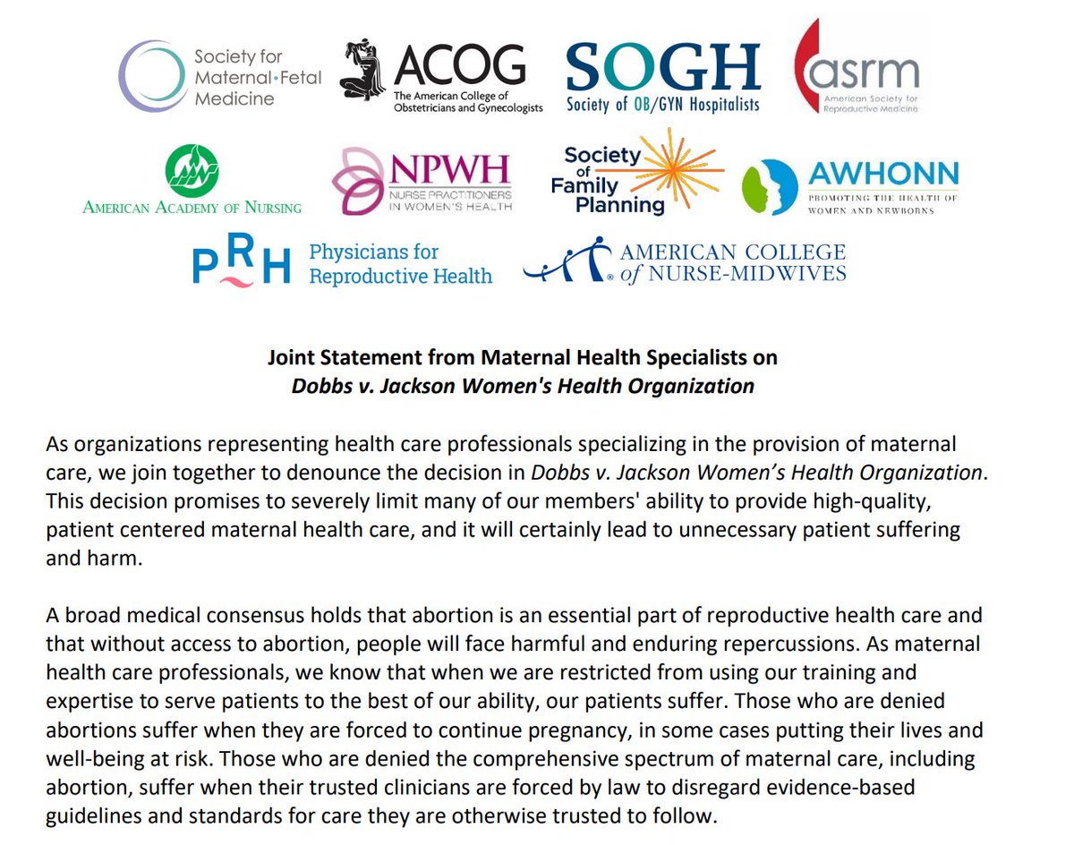 ACOG (@acog) on Twitter photo ACOG joins with maternal health specialists to denounce the decision in Dobbs vs. Jackson. Our statement: bit.ly/3OrMzpO #AbortionIsEssentialHealthcare
<a href="/MySMFM/">SMFM</a> <a href="/sogh_official/">Society of OB/GYN Hospitalists | SOGH</a> @ReprodMed <a href="/AAN_Nursing/">American Academy of Nursing</a> <a href="/NPWH/">NPWH</a> <a href="/SocietyFP/">Society of Family Planning</a> <a href="/AWHONN/">AWHONN</a> <a href="/prhdocs/">@prhdocs.bsky.social</a> <a href="/ACNMmidwives/">American College of Nurse-Midwives</a> ACOG joins with maternal health specialists to denounce the decision in Dobbs vs. Jackson. Our statement: bit.ly/3OrMzpO #AbortionIsEssentialHealthcare
<a href="/MySMFM/">SMFM</a> <a href="/sogh_official/">Society of OB/GYN Hospitalists | SOGH</a> @ReprodMed <a href="/AAN_Nursing/">American Academy of Nursing</a> <a href="/NPWH/">NPWH</a> <a href="/SocietyFP/">Society of Family Planning</a> <a href="/AWHONN/">AWHONN</a> <a href="/prhdocs/">@prhdocs.bsky.social</a> <a href="/ACNMmidwives/">American College of Nurse-Midwives</a>
