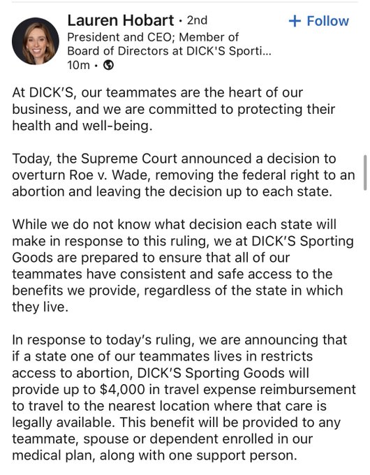Holy shit, Dick's Sporting Goods for the win on abortion access for its employees!!!👏👏👏