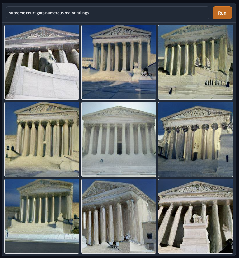 DallENews's tweet photo. In case you’re wondering, this AI didn’t really have much to say about this week’s controversial Supreme Court rulings. Unless you think pictures of buildings say something useful. https://t.co/2Hwo73Wh2V