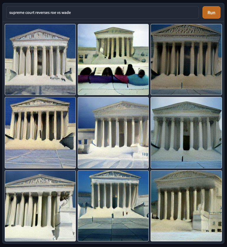 DallENews's tweet photo. In case you’re wondering, this AI didn’t really have much to say about this week’s controversial Supreme Court rulings. Unless you think pictures of buildings say something useful. https://t.co/2Hwo73Wh2V
