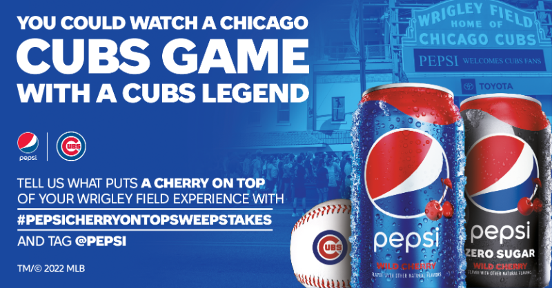 pepsi's tweet photo. 👀 ⚾ 🍒 Tell us what puts a cherry on top of your Wrigley Field experience using #PepsiCherryOnTopSweepstakes &amp; tagging @Pepsi for a chance to catch a @Cubs game in a suite with Ryne Sandberg!

30 second prize winners will score a pair of tickets. 18+, IL residents.