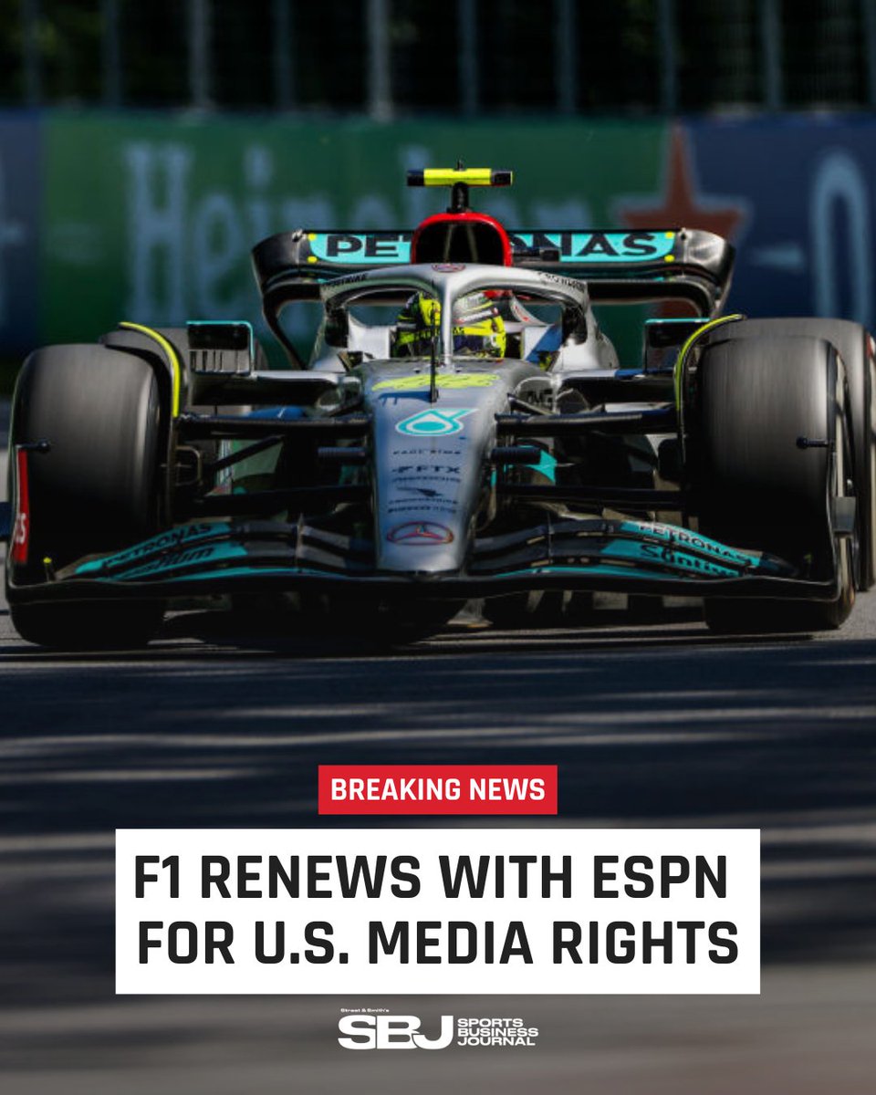 SBJ's tweet photo. BREAKING: @F1 has agreed to renew its rights deal with @ESPN through 2025.

The deal is reportedly worth $75-90M per year.

More from @Ourand_SBJ &amp; @A_S12: 
https://t.co/eQ8RHYgp77 https://t.co/wpYPUDatGI