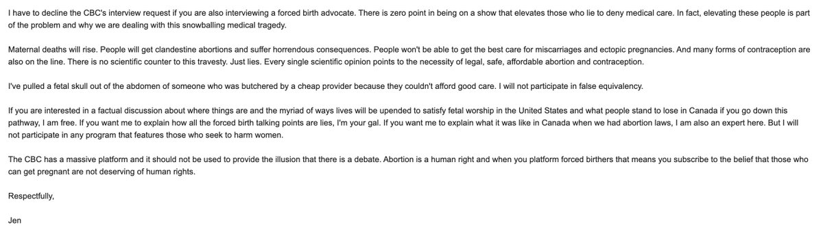 I was just asked to be on The National to discuss Roe and abortion...and then I found out it would be a panel with a 'pro-life/anti-abortion' voice. I am livid and sent this reply. I couldn't care less if this means I will not be asked back to the CBC. It needed to be said.