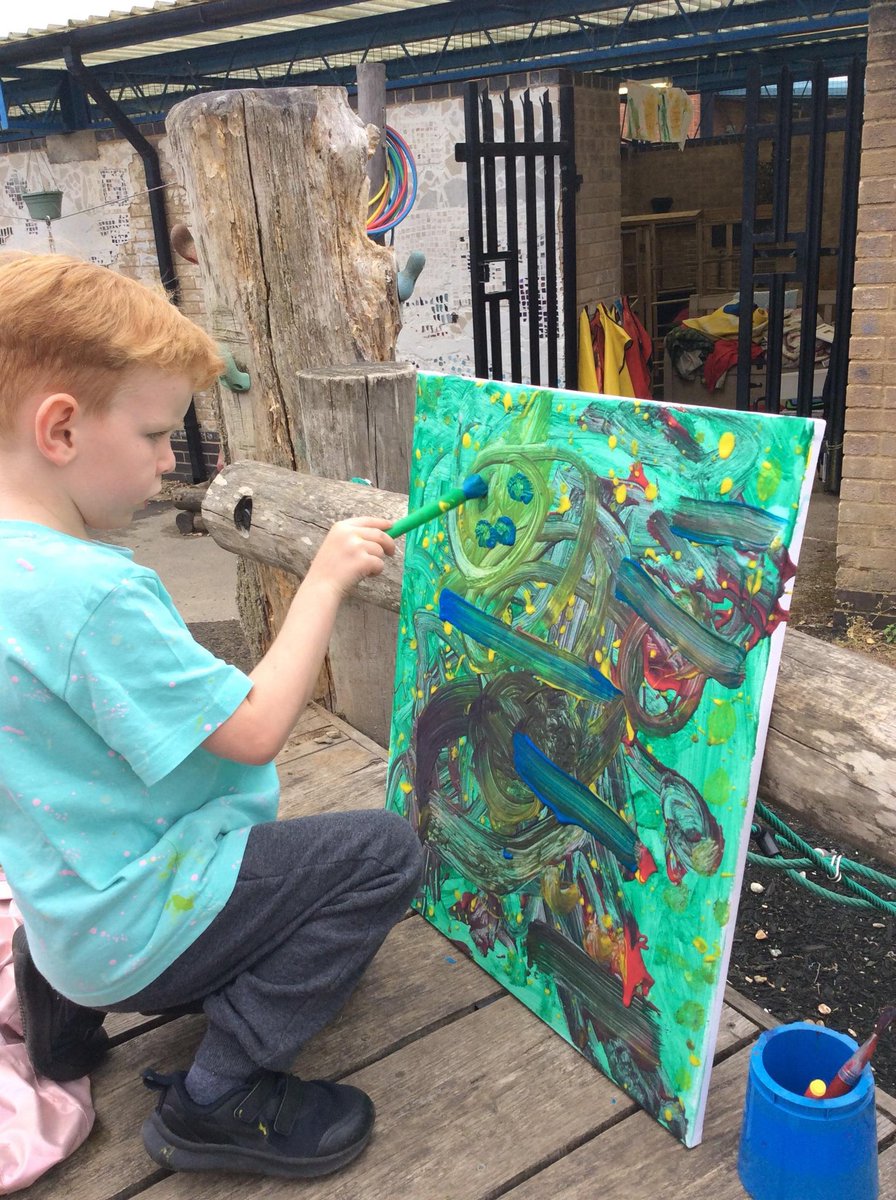 Incredible Miro inspired masterpieces created in the outdoors today! We experimented with the canvases in different places. The children became very precise about where needed ‘just one more splodge right there!’