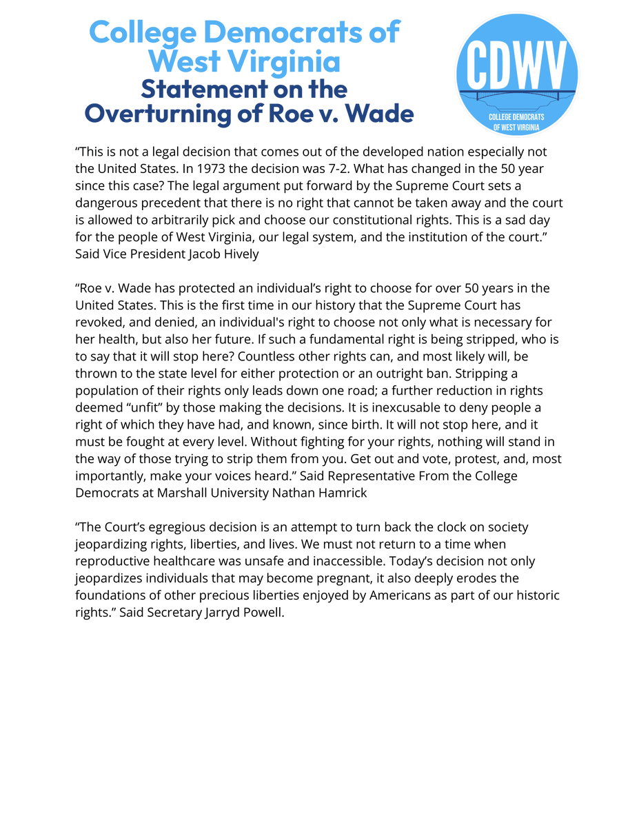 WVCollegeDems's tweet photo. We disagree with the Supreme Court of the United States' decision to overturn Roe v. Wade. In a time when other countries are expanding the rights of women, minorities, and other repressed groups, the Supreme Court is reversing the clock on basic civil rights. Resources threaded: https://t.co/FvAIDBD1Gk