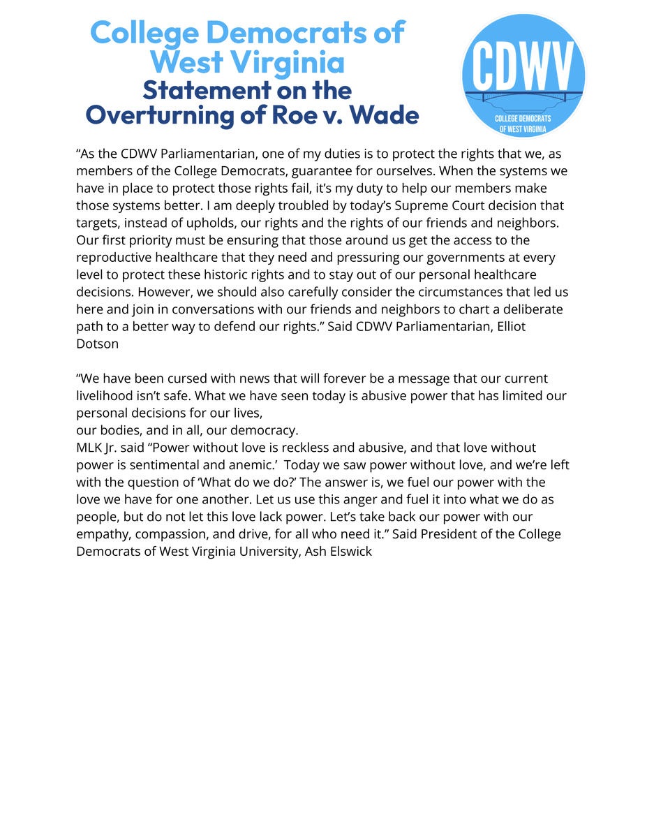 WVCollegeDems's tweet photo. We disagree with the Supreme Court of the United States' decision to overturn Roe v. Wade. In a time when other countries are expanding the rights of women, minorities, and other repressed groups, the Supreme Court is reversing the clock on basic civil rights. Resources threaded: https://t.co/FvAIDBD1Gk