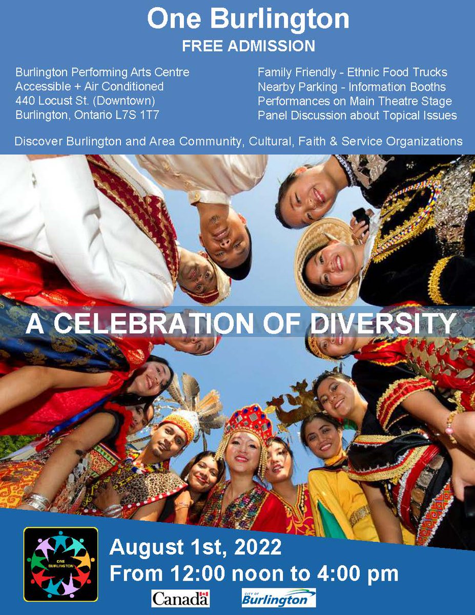 OneBurlington's tweet photo. Please join us on the holiday Monday August 01st from Noon to 4pm for a celebration of diversity at the Burlington Performing Arts Centre, with displays by community groups in the Atrium, moderated panel discussion in the Studio Theatre and performance artists in the Main Theatre https://t.co/xj4qKNcozW