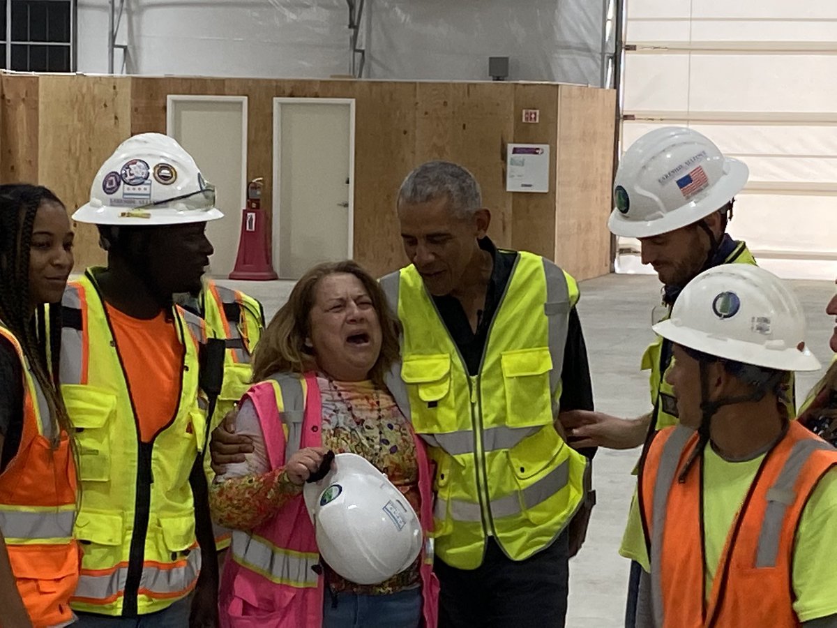 MikeLoweReports's tweet photo. Crystal Chavez, the job site safety manager, was overcome with emotion meeting @BarackObama. “He’s my forever President,” she said. https://t.co/DMtgXOt6Yy
