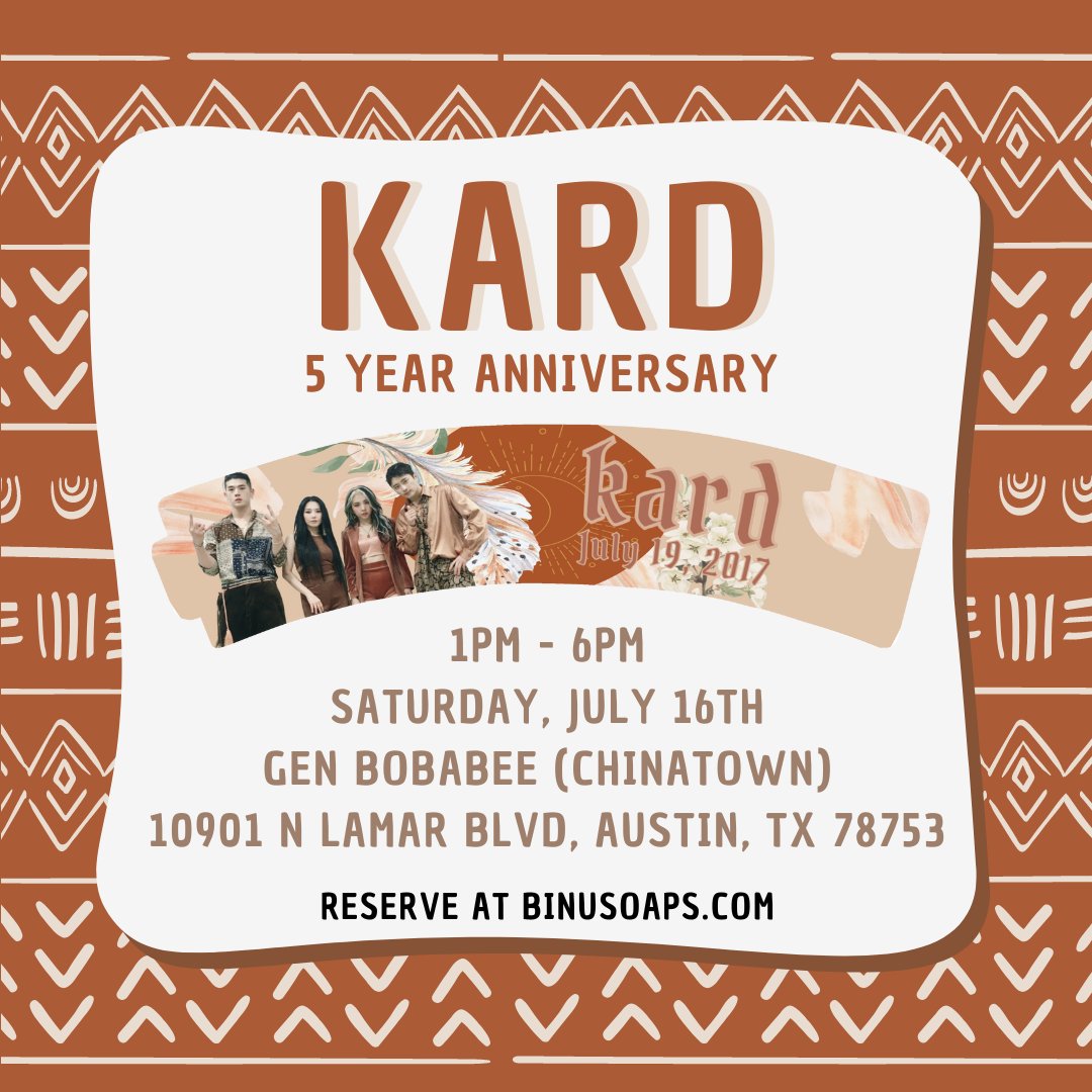 binusoaps's tweet photo. July 16th, 2022 | 1PM-6PM
Gen Bobabee in China Town,
10901 N. Lamar Blvd, Austin, Texas, 78753

Come celebrate Kard's 5 Year anniversary.
If you can't make the event we have shipping available.
#KARD #cupsleeve #texascupsleeve https://t.co/ixmop3ZbAi