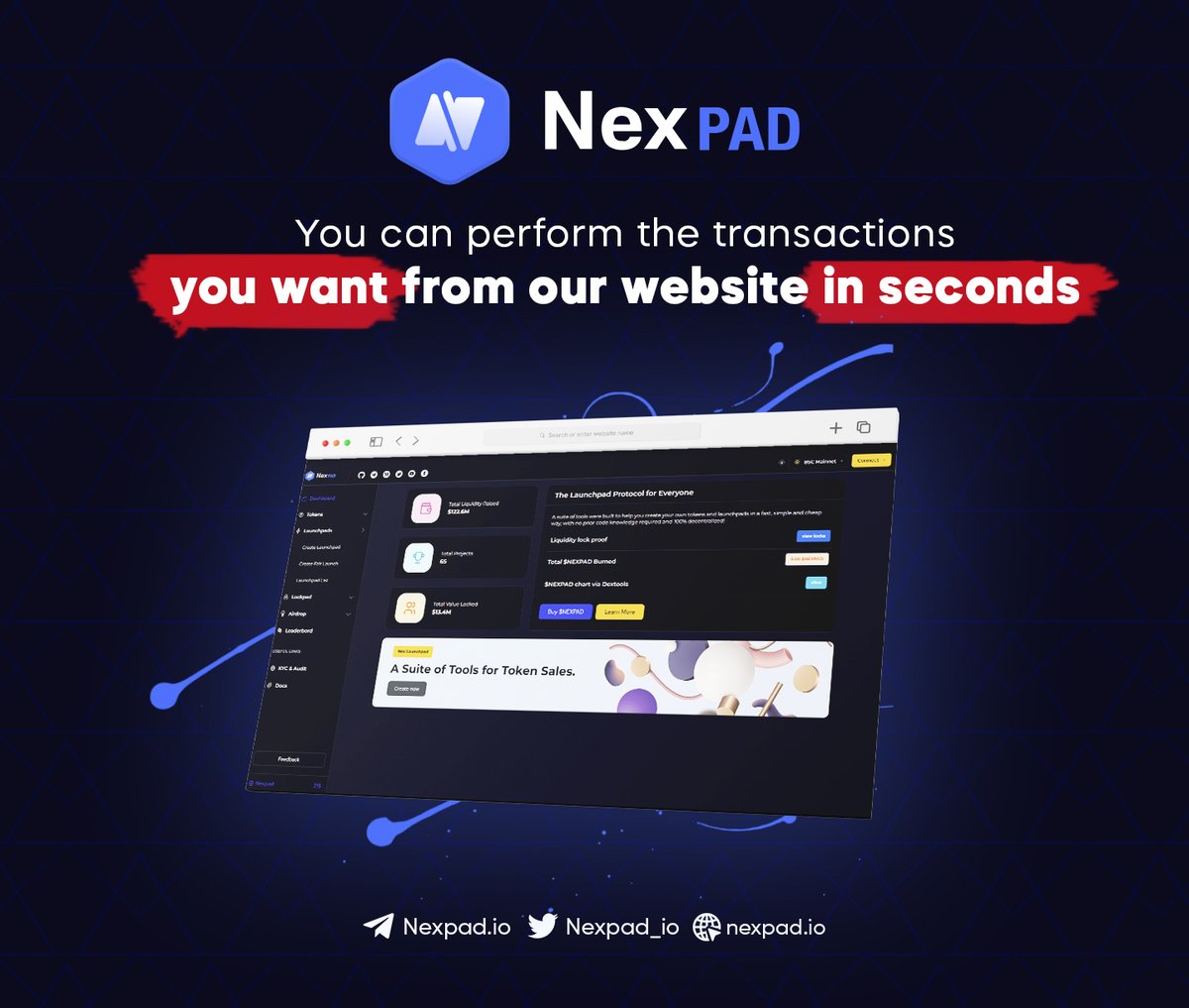 Nexpad_io's tweet photo. 🥳Our website is ready.

You can perform the transactions you want from our website in seconds.🎉

#nexpad #Launchpad #NFTProject #NFTs #CryptoMarket #Binance #BTC #ETH #CryptoNews https://t.co/5Ib2mKrLwJ