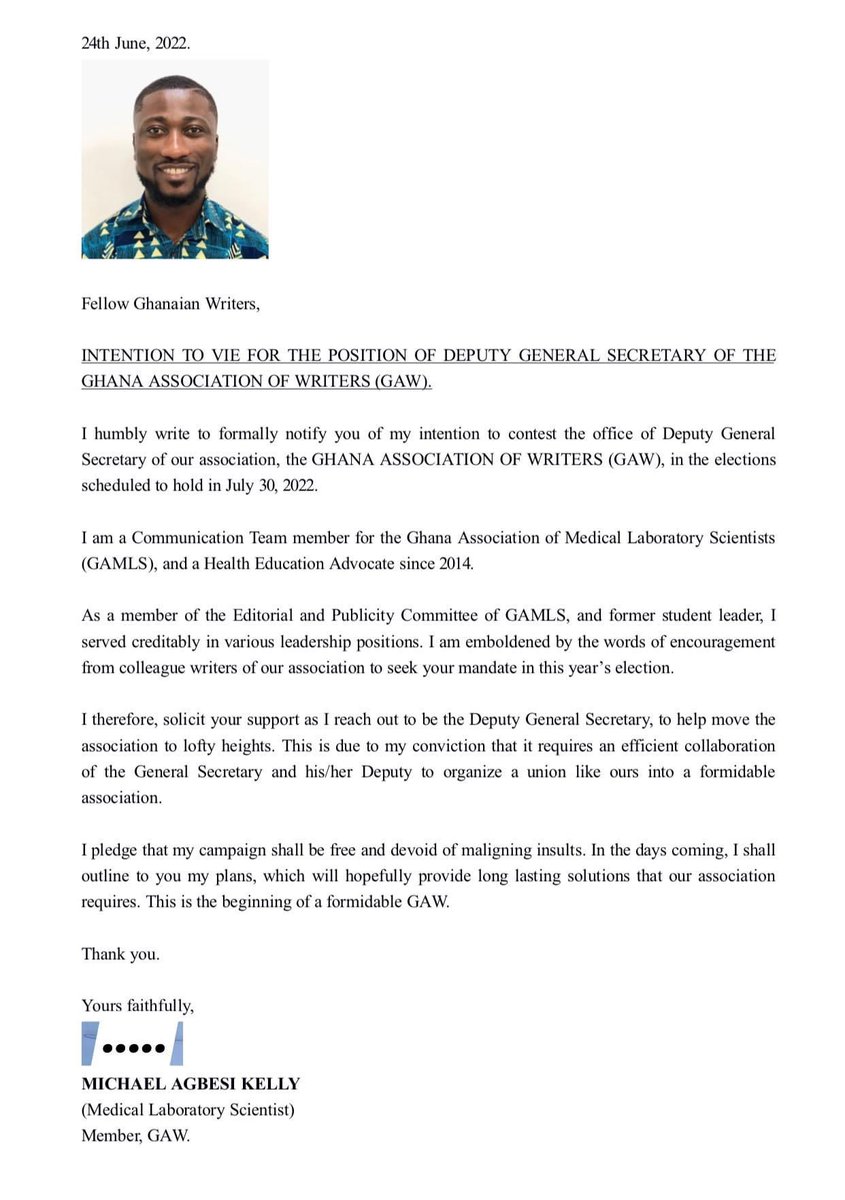 agbesikelly's tweet photo. Fellow Writers,
It is my desire to contest for a DEPUTY GENERAL SECRETARY, after words emboldened by you.
As a young man seeking to SERVE & orient myself into leadership of service, your support means so much. MICHAEL AGBESI KELLY is;
•”#KAMing” to SERVE & to
•”#MAKe” GAW... https://t.co/JTyajQApDa
