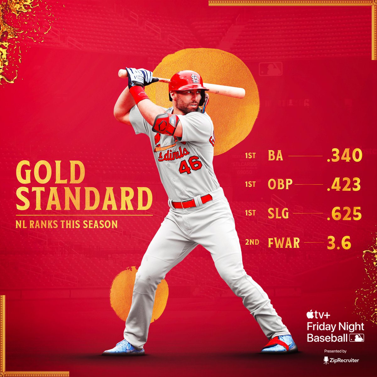 MLB's tweet photo. Is this man your NL MVP front-runner?

His @Cardinals  take on division rival @Cubs tonight at 8:15 pm ET - for free on @AppleTVPlus! https://t.co/drbXbXcuCg