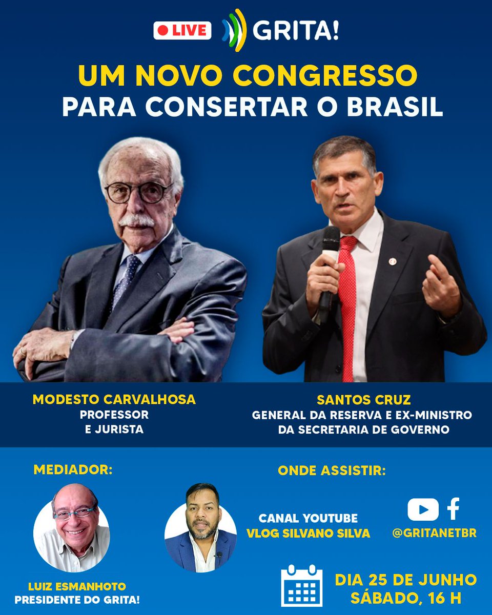 Meus amigos, 

O debate que irá ocorrer amanhã no Grita, é um exercício de democracia em que haverá uma troca de opiniões e de visões diferentes sobre o Brasil.
Precisamos nos reacostumar a debater livremente as ideias, que é o principal atributo do Estado Democrático de Direito.